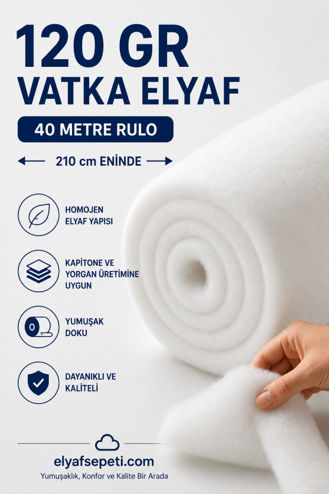 120 Gr Vatka Elyaf 210 cm En (40 Metre Rulo) - Çok Amaçlı Dolgu ve Kapitone Elyafı