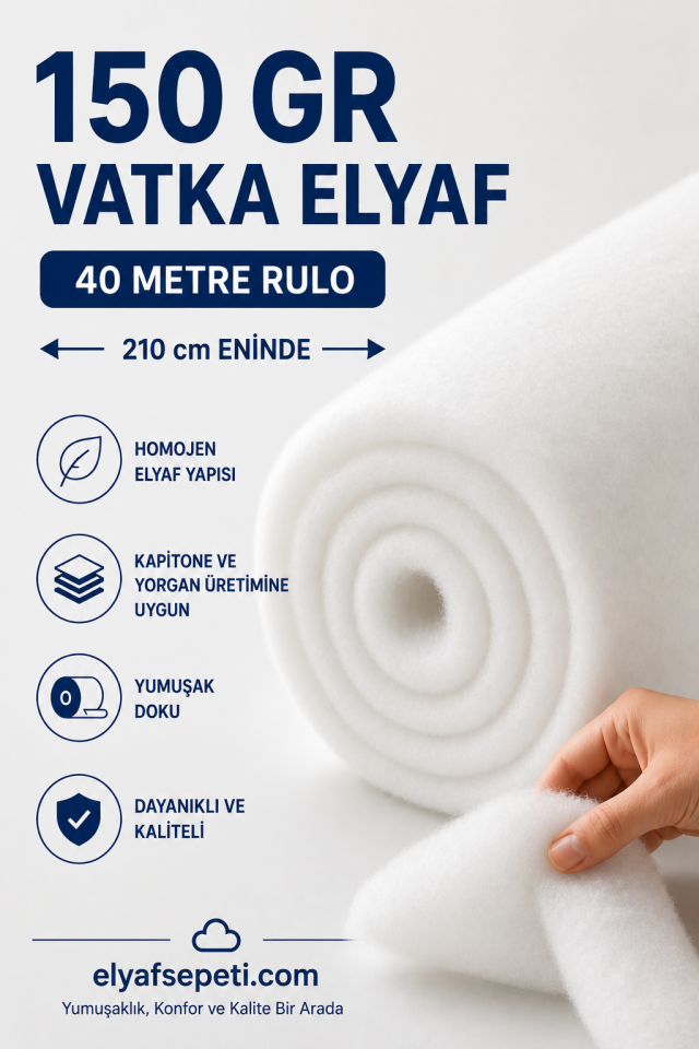 150 Gr Vatka Elyaf 210 cm En (40 Metre Rulo) - Yüksek Yoğunluklu Dolgu ve Kapitone Elyafı