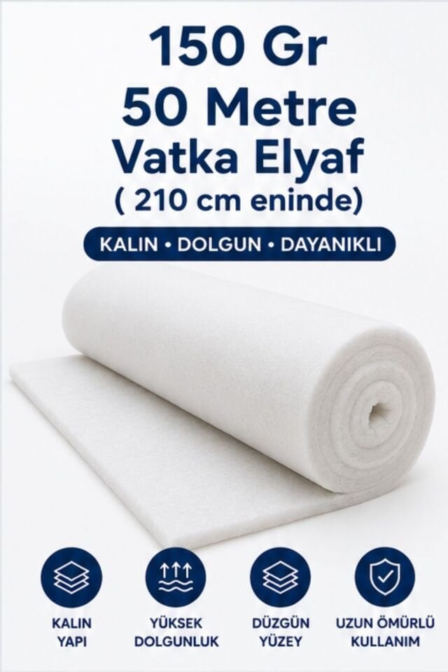150 Gr Vatka Elyaf 210 cm En (50 Metre Rulo) - Yüksek Yoğunluklu Dolgu ve Kapitone Elyafı