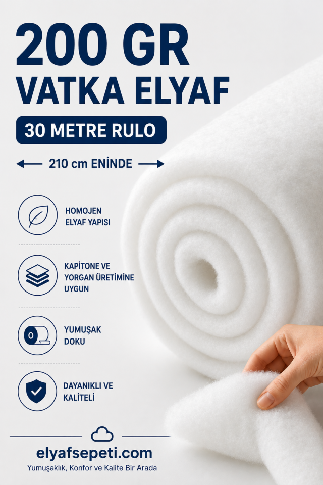 200 Gr 30 Metre Vatka Elyaf – 210 cm Eninde Ultra Dolgun Kalın Elyaf | Kapitone, Döşemelik ve Yorgan Üretimi