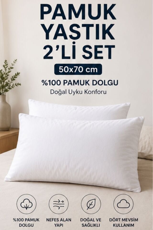 Pamuk Yastık 2'li Set 50x70 cm | %100 Pamuk Dolgulu Doğal Uyku Yastığı