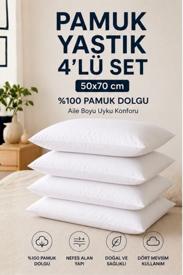 Pamuk Yastık 4'lü Set 50x70 cm | %100 Pamuk Dolgulu Doğal Uyku Yastığı