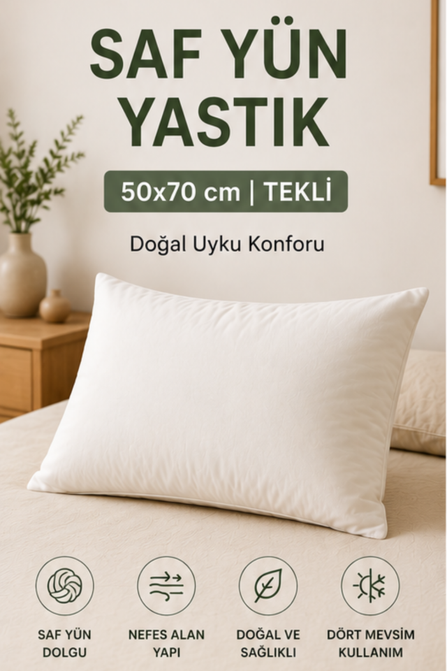 Saf Yün Yastık Tekli 50x70 cm | Doğal Yün Dolgulu Uyku Yastığı