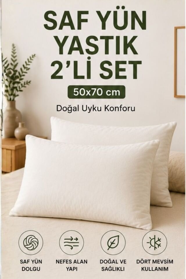 Saf Yün Yastık 2'li Set 50x70 cm | Doğal Yün Dolgulu Konforlu Uyku Yastığı