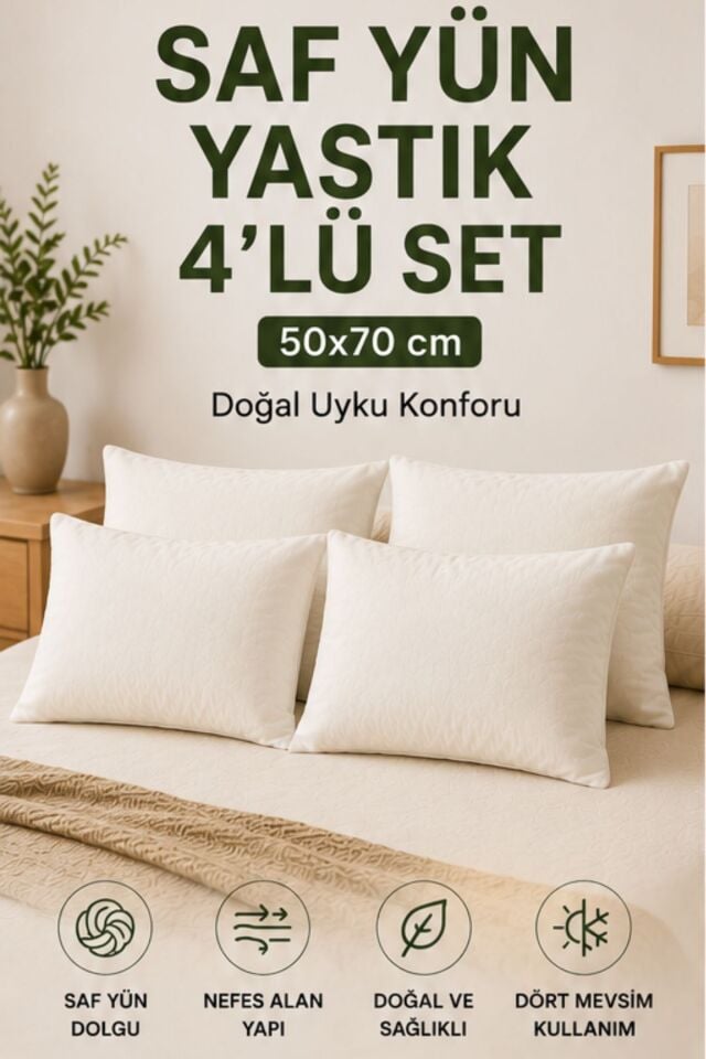 Saf Yün Yastık 4'lü Set 50x70 cm | Doğal Yün Dolgulu Uyku Yastığı