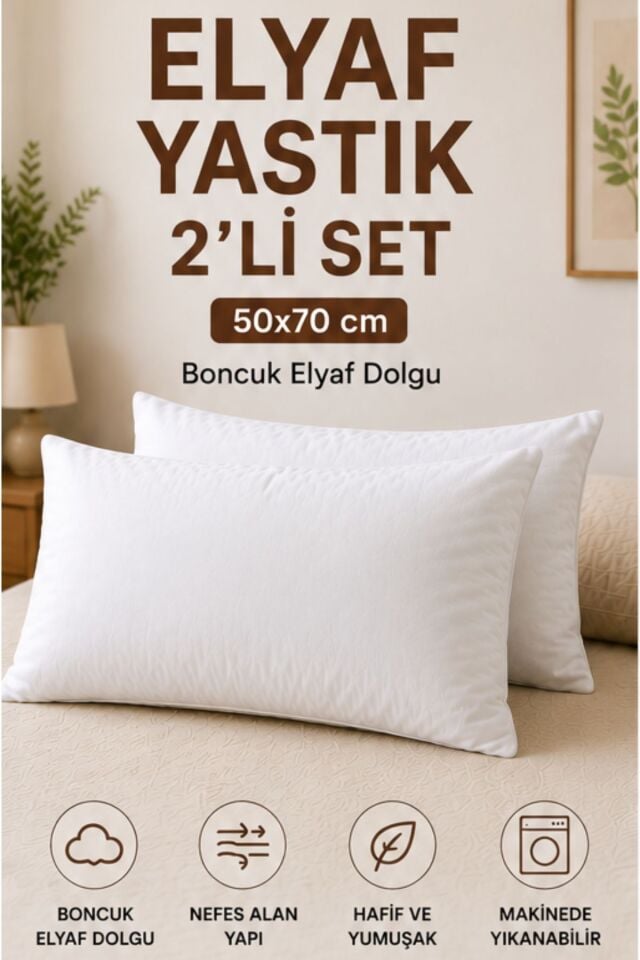 Elyaf Yastık 2'li Set 50x70 cm | Boncuk Elyaf Dolgulu Konforlu Uyku Yastığı