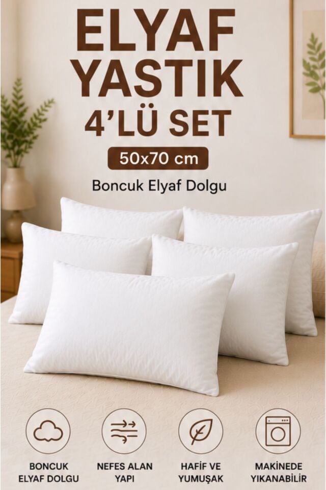 Elyaf Yastık 4'lü Set 50x70 cm | Boncuk Elyaf Dolgulu Konforlu Uyku Yastığı