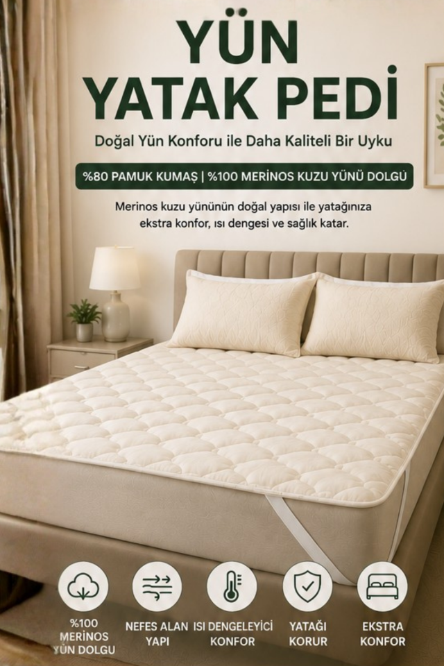 Merinos Yün Yatak Pedi | %100 Merinos Kuzu Yünü Dolgulu Doğal Yatak Pedi