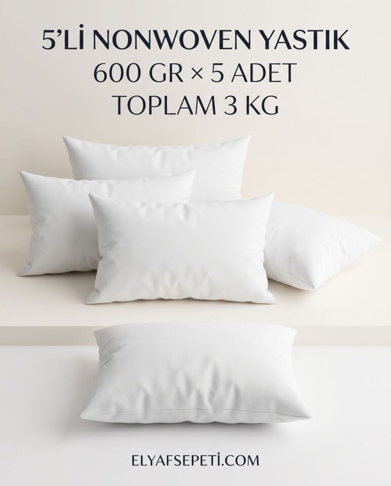 ElyafSepeti 5'li Nonwoven Yastık Seti – Beyaz, Yumuşak ve Dolgun Yastık – Ev, Otel, Apart ve Pansiyon Kullanımına Uygun