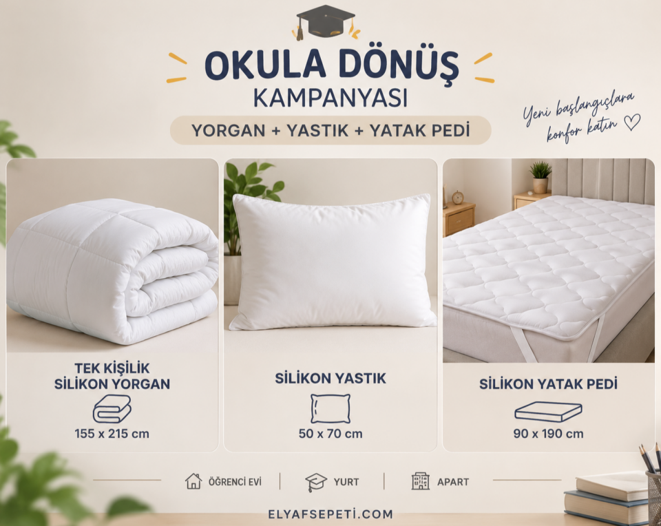 Öğrenci Yurt Seti 3'lü Yorgan Yastık Yatak Pedi